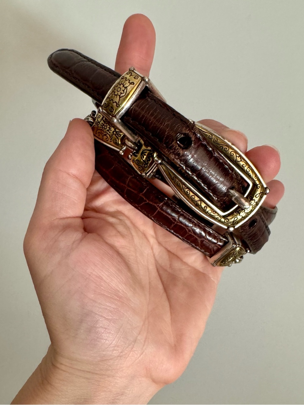 Brighton Western Brown Leather Croc-Embossed Concho Belt, Silver & Gold sz. 32 - Picture 9 of 16